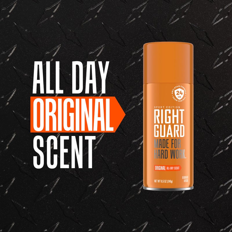 Right Guard Sport Original Scent Deodorant Spray - Aluminum Free Protection Spray Deodorant For Men, Blocks Sweat, 24-Hour Odor Protection, Anti-Stain, & Long-Lasting, 8.5 oz (12 Pack) - Image 4